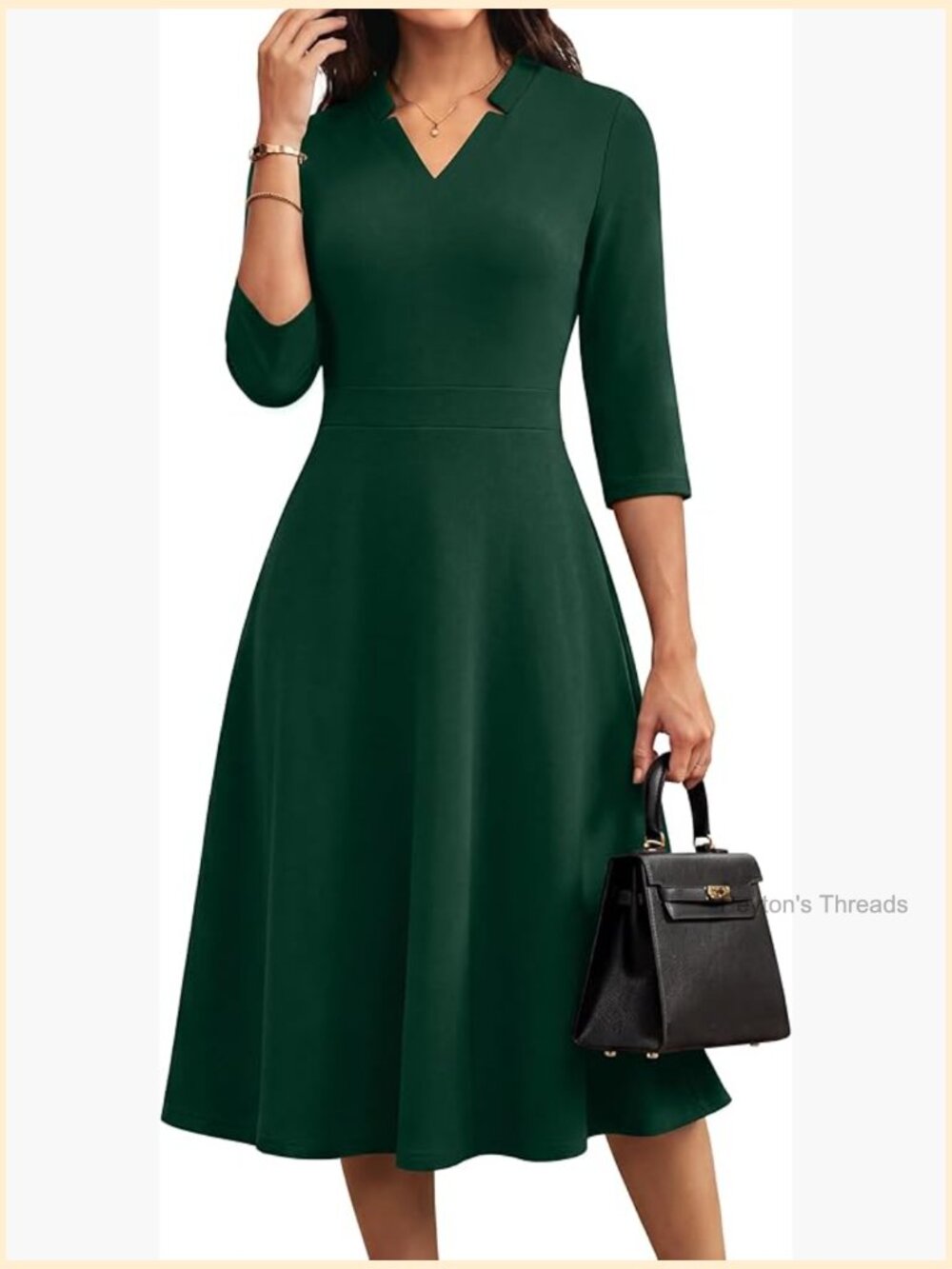 Women's Casual Midi Dress V-Neck A-Line 3/4 Sleeve Fit and Flare with Pockets